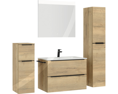 Badezimmerset mit Waschtischunterschrank, Waschbecken, Spiegelschrank und Hochschränken im Holzdesign