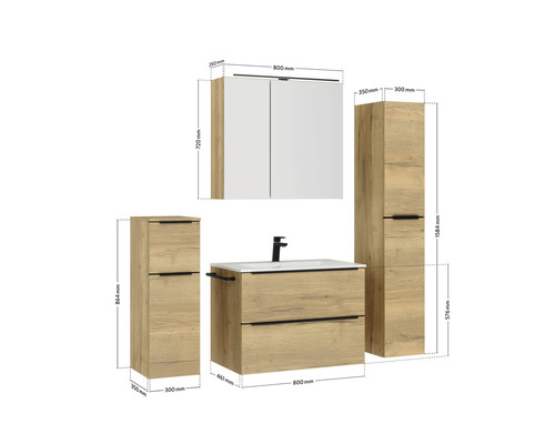Badezimmerset mit Waschtischunterschrank, Waschbecken, Spiegelschrank und Hochschränken mit den jeweiligen Abmessungen