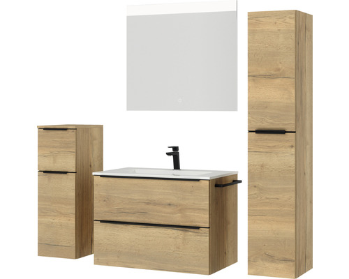 Badezimmer-Set mit Waschtischunterschrank, Waschbecken, Spiegelschrank und Hochschränken in Holzoptik