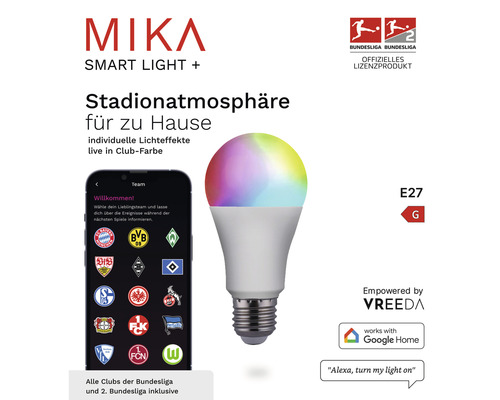 Mika Smarte Bundesliga LED Lampe dimmbar E27/10W(60W) 810 lm 2700- 5000 K RGB einstellbares weiß