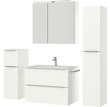 Badezimmerensemble mit Waschbeckenunterschrank, Waschtisch, Spiegelschrank und Hochschrank