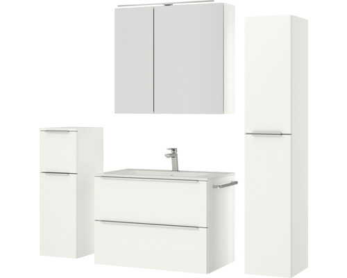 Badezimmerensemble mit Waschbeckenunterschrank, Waschtisch, Spiegelschrank und Hochschrank
