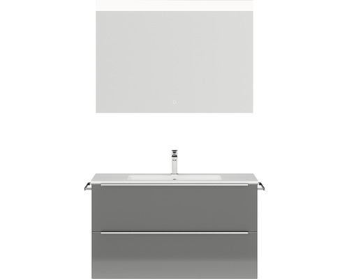 Badmöbel-Set NOBILIA Programm 1 BxHxT 101 x 169,1 x 48,7 cm Frontfarbe grau hochglanz mit Möbel-Waschtisch weiß und Spiegel mit LED-Beleuchtung Griffleiste chrom matt 092