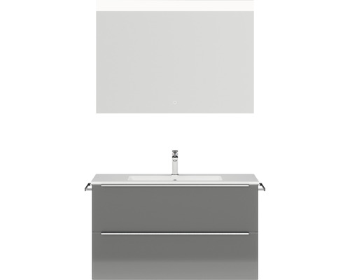 Badmöbel-Set NOBILIA Programm 1 BxHxT 101 x 169,1 x 48,7 cm Frontfarbe grau hochglanz mit Möbel-Waschtisch weiß und Spiegel mit LED-Beleuchtung Griffleiste chrom matt 092 Badezimmer-Set mit Waschbeckenunterschrank, Waschtisch und Spiegel mit Beleuchtung