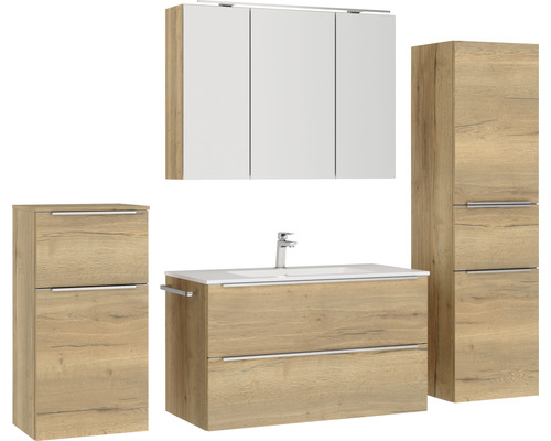 Badezimmerset mit Waschtisch, Spiegelschrank und Hochschrank in Holzoptik