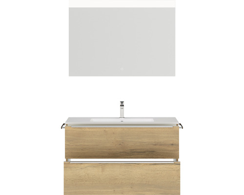 Badmöbel-Set NOBILIA Programm 1 BxHxT 101 x 169,1 x 48,7 cm Frontfarbe eiche natur mit Möbel-Waschtisch weiß und Spiegel mit LED-Beleuchtung Griffleiste chrom matt 094 Waschtisch mit Unterschrank und Spiegel für das Badezimmer