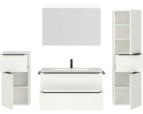 Badezimmer-Set mit Waschtischunterschrank, Waschbecken, Spiegelschrank und Hochschränken