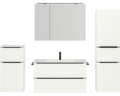 Badmöbel-Set NOBILIA Programm 1 BxHxT 210 x 169,1 x 48,7 cm Frontfarbe weiß matt mit Möbel-Waschtisch und Spiegelschrank 3-türig mit LED-Beleuchtung Unterschrank Midischrank Griffleiste schwarz 113 Badmöbel-Set NOBILIA Programm 1 BxHxT 210 x 169,1 x 48,7 cm Frontfarbe weiß matt mit Möbel-Waschtisch und Spiegelschrank 3-türig mit LED-Beleuchtung Unterschrank Midischrank Griffleiste schwarz 113