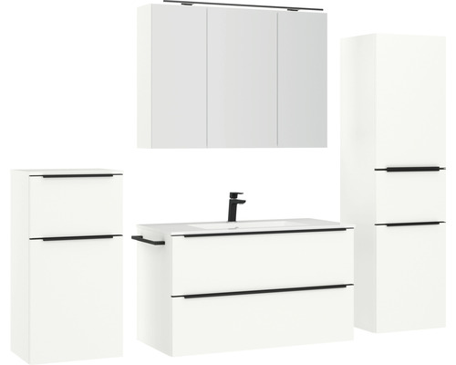 Badezimmergarnitur mit Waschbecken, Unterschrank, Spiegelschrank und Hochschrank