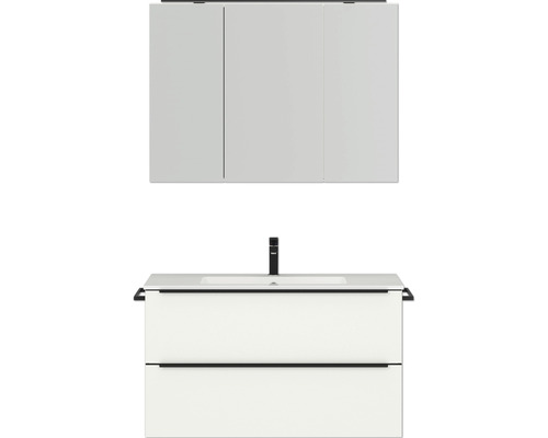 Badmöbel-Set NOBILIA Programm 1 BxHxT 101 x 169,1 x 48,7 cm Frontfarbe weiß matt mit Möbel-Waschtisch und Spiegelschrank 3-türig mit LED-Beleuchtung Griffleiste schwarz 097 Badmöbel-Set NOBILIA Programm 1 BxHxT 101 x 169,1 x 48,7 cm Frontfarbe weiß matt mit Möbel-Waschtisch und Spiegelschrank 3-türig mit LED-Beleuchtung Griffleiste schwarz 097