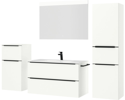 Modernes Badezimmerset mit Waschtisch, Spiegelschrank und Hochschrank