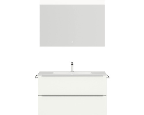 Badmöbel-Set NOBILIA Programm 1 BxHxT 101 x 169,1 x 48,7 cm Frontfarbe weiß matt mit Möbel-Waschtisch weiß und Spiegel mit LED-Beleuchtung Griffleiste chrom matt 088 Waschtischkombination mit Spiegel für das Badezimmer