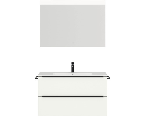 Badmöbel-Set NOBILIA Programm 1 BxHxT 101 x 169,1 x 48,7 cm Frontfarbe weiß matt mit Möbel-Waschtisch weiß und Spiegel mit LED-Beleuchtung Griffleiste schwarz 089