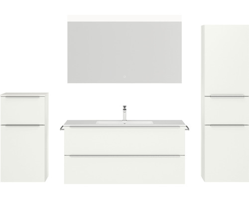 Badmöbel-Set NOBILIA Programm 1 BxHxT 230 x 169,1 x 48,7 cm Frontfarbe weiß matt mit Möbel-Waschtisch weiß und Spiegel mit LED-Beleuchtung Midischrank Unterschrank Griffleiste chrom matt 114