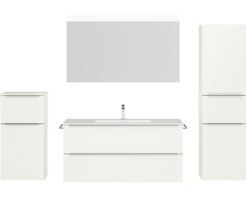 Badmöbel-Set NOBILIA Programm 1 BxHxT 230 x 169,1 x 48,7 cm Frontfarbe weiß matt mit Möbel-Waschtisch weiß und Spiegel mit LED-Beleuchtung Midischrank Unterschrank Griffleiste chrom matt 114 Badezimmer mit Waschtisch, Spiegelschrank und Hochschrank