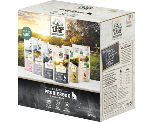 Katzenfutter nass WILDES LAND 8er Pouch Probierbox , Multipack 8x 100 g, Fisch, Geflügel, Kaninchen, Rind und Kalb mit wertvollen Superfoods, getreidefrei, Glutenfrei 800 g