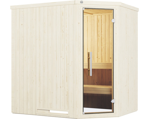 Sauna aus Holz mit Glastür