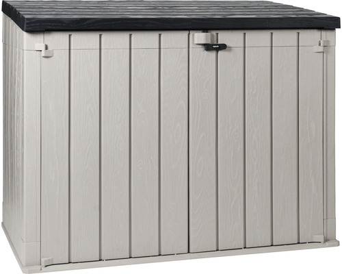 Gartengeräteschrank aus Kunststoff mit Doppeltür und schwarzem Dach