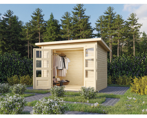 Expresshaus, Gartenhaus Karibu Prompto 3 282 x 210 cm natur Gartenhaus mit offenen Glastüren, inklusive Kleiderstange und Ablagefläche
