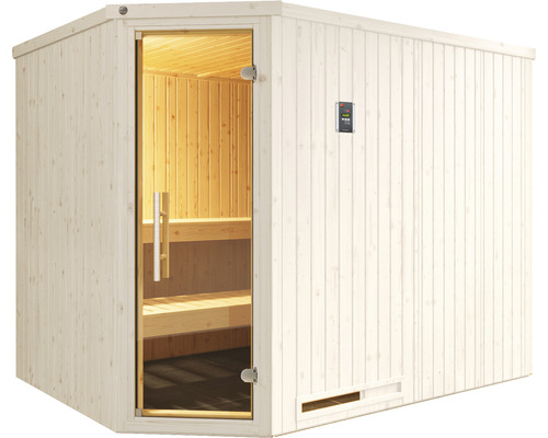 Sauna aus Holz mit Glastür und Bedienfeld