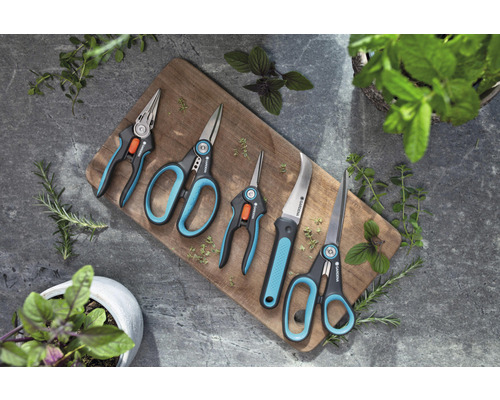 Gartenscheren und Gartenmesser von Gardena auf Holzbrett mit Kräutern