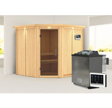 Elementsauna Karibu Piemon inkl. 9 kW Bio Ofen u.ext.Steuerung mit Dachkranz und graphitfarbeneer Ganzglastüre