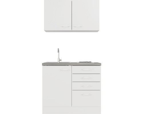 Küchenzeile mit Spüle, Armatur, Unterschrank, Schubladen und Hängeschrank