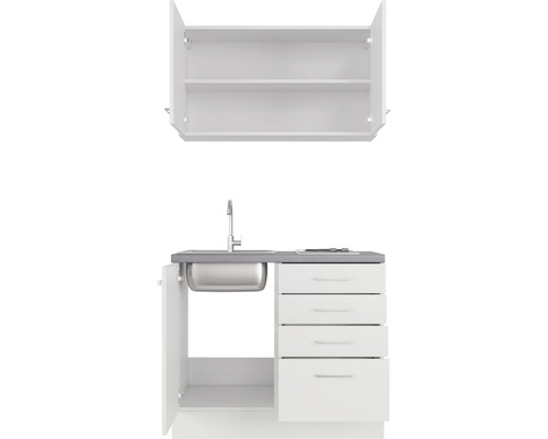 Kompakte Küchenzeile mit Spüle, Kochfeld, Unterschrank mit Schubladen und Hängeschrank