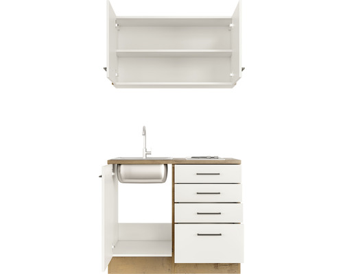 Küchenzeile mit Spüle, Schubladen und Hängeschrank