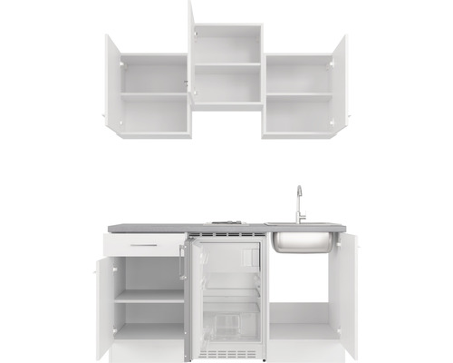 Weiße Outdoor Küche mit Spüle, Kühlschrank und Stauraum