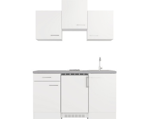 Kompakte Küchenzeile mit Spüle, Kühlschrank und Hängeschränken