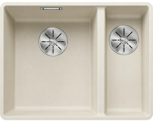 Spüle Blanco SUBLINE 340/160-F 552 x 427 mm softweiß 527161 1 Spülbecken Flächenbündig Flächenbündige Optik Ohne Tropffläche Becken links Mit Restebecken Spüle mit zwei Becken und Siebkorb