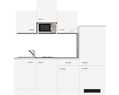 Weiße Küchenzeile mit Spüle, Herd und Mikrowelle