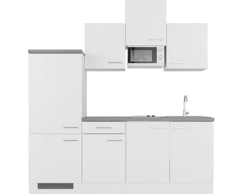 Moderne Küche mit weißen Schränken, Spüle und Mikrowelle
