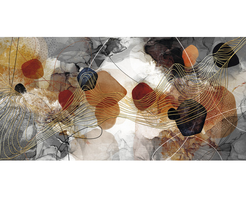 Abstraktes Kunstbild mit Steinen und goldenen Linien