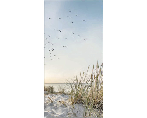 Dekoratives Wandbild mit Strandhafer, Sand und Vogelschwarm