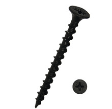 Eine einzelne schwarze Trockenbauschraube mit Kreuzschlitzkopf.