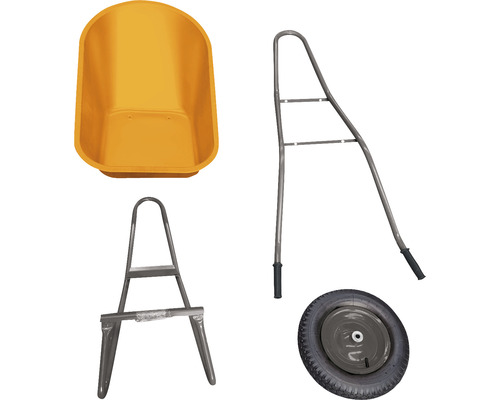 Einzelteile einer Schubkarre: Mulde, Rahmen, Rad und Halterung