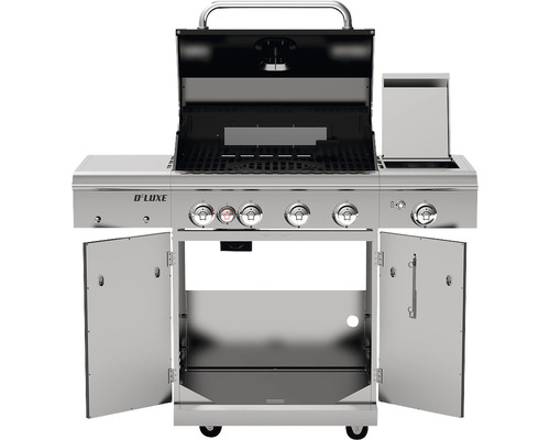 Gasgrill mit geöffnetem Deckel, Bedienknöpfen und Schrankfächern