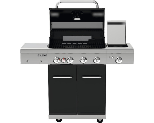 Gasgrill mit offenem Deckel und Unterschrank