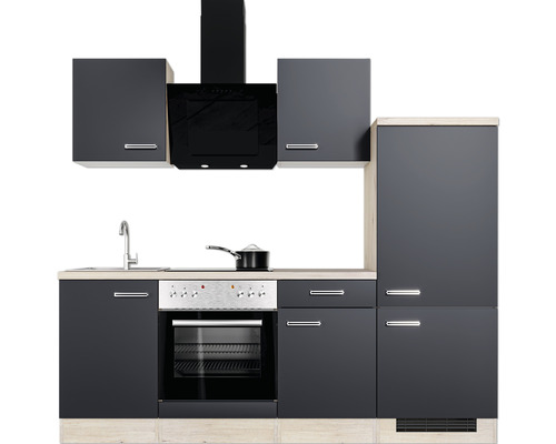 Komplette Küchenzeile mit Spüle, Herd, Dunstabzugshaube und Schränken
