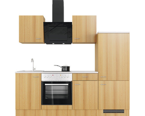 Küchenzeile mit Spüle, Herd, Dunstabzugshaube und Schränken