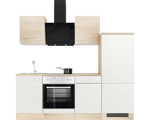 Komplette Küche mit Spüle, Herd, Dunstabzugshaube und Schränken