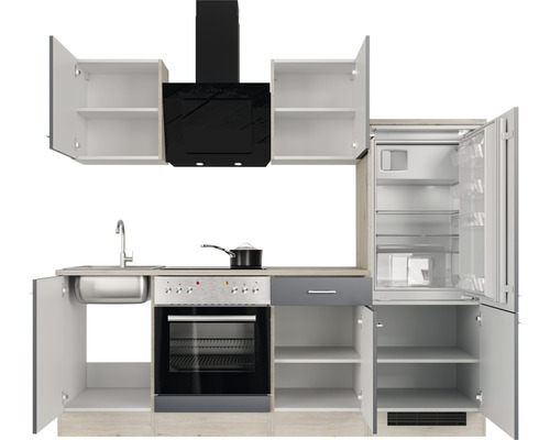 Küchenzeile mit Spüle, Herd, Kühlschrank und Dunstabzugshaube