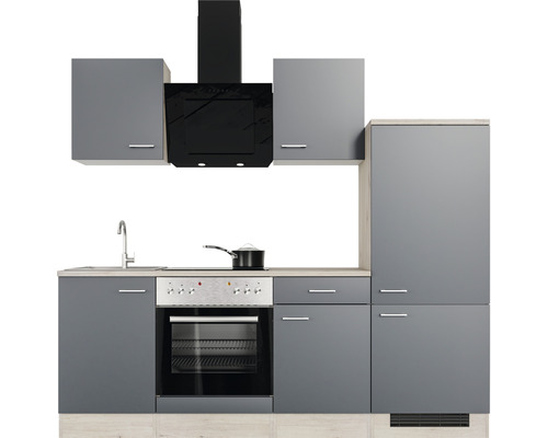 Einbauküche mit Spüle, Herd, Dunstabzugshaube und Hängeschränken