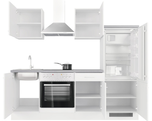 Komplette Küchenzeile mit Spüle, Herd, Dunstabzugshaube und Kühlschrank mit geöffneten Türen.