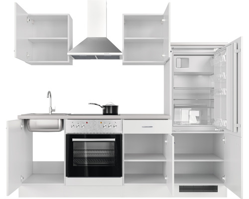 Kompakte Küchenzeile mit Spüle, Herd, Backofen, Dunstabzugshaube, Kühlschrank und Hängeschränken