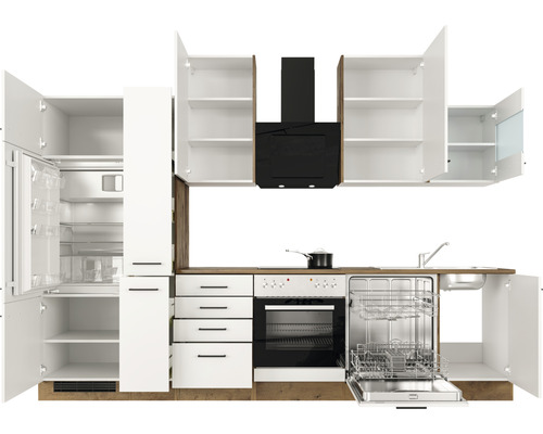 Komplette Küche mit Kühl- und Gefrierschrank, Spülmaschine, Herd und Dunstabzugshaube