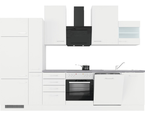 Komplette weiße Einbauküche mit Elektrogeräten, Dunstabzugshaube und Spüle.