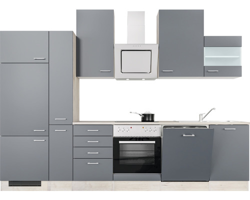 Graue Küchenzeile mit Hängeschränken, Dunstabzugshaube und Einbaugeräten